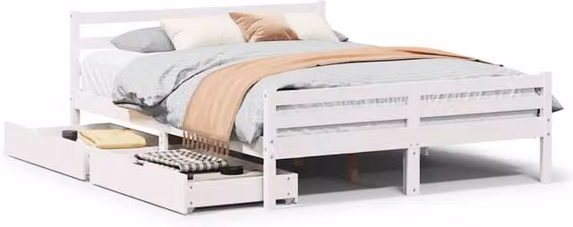 Berkfield Home White Solid Wood Pine Bed Frame with Drawers W/D/H: 150 x 200 cm