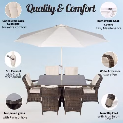 Giardino Arizona 6 Seater Rattan Garden Dining Set in Brown, W/D/H: 150 x 100 x 74 cm – 2