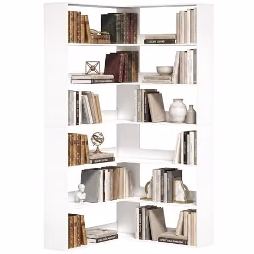 HOMCOM 7 Tier Corner Bookshelf in White Wood Effect, W/D/H: 90 x 90 x 180 cm