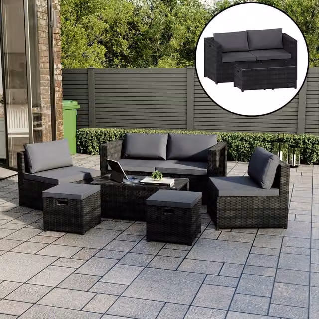 Vida Designs Islay 6 Seater Outdoor Rattan Garden Furniture Set in Black and Grey