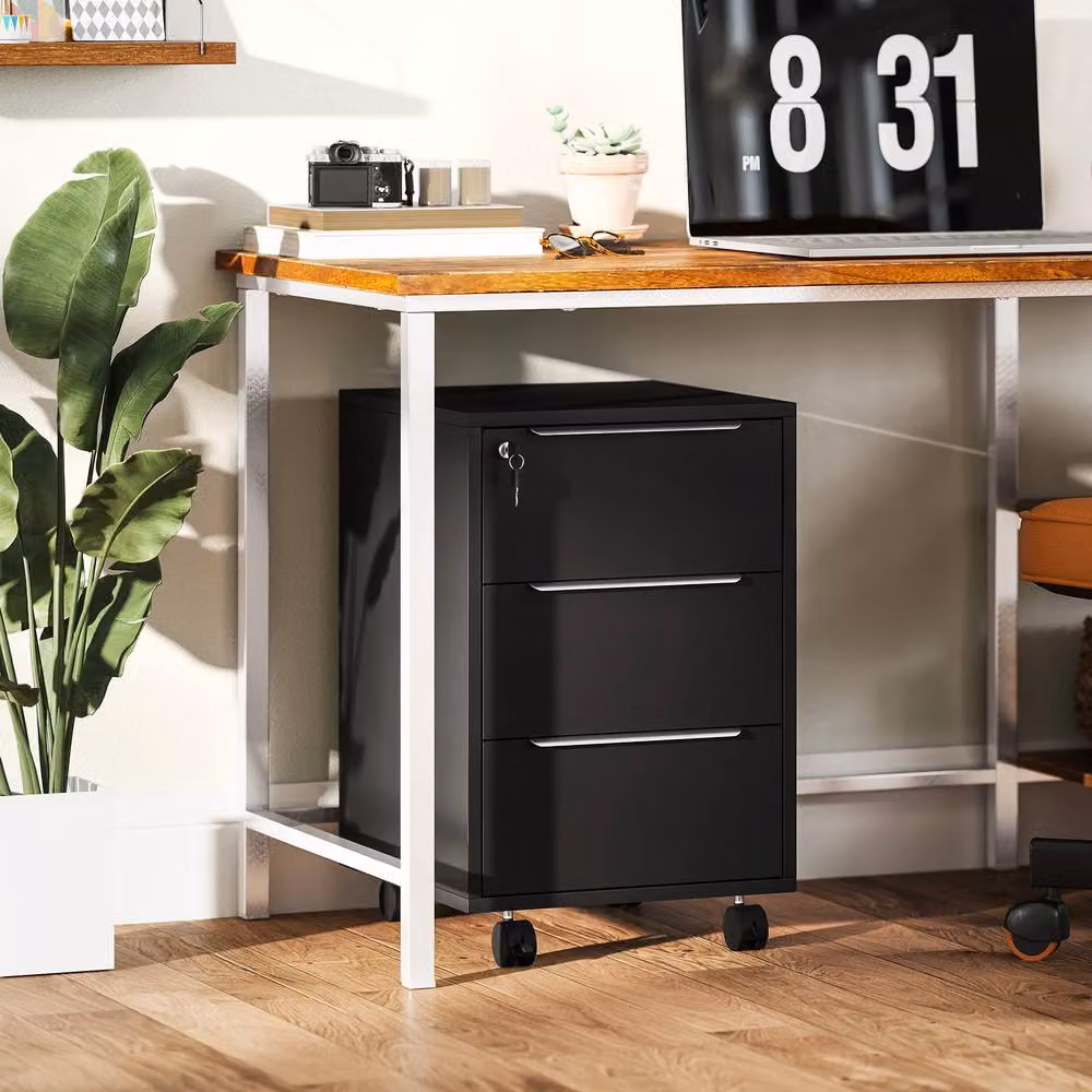 STILVORA Black Three-Drawer Filing Cabinet with Lock and Castors, W/D/H: 40 x 40 x 63.5 cm – 2