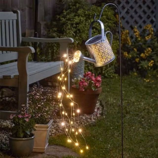 Garden Mile Grey Metal Solar LED Watering Can Garden Light with Warm White Glow