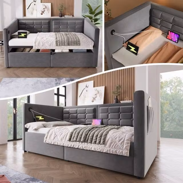 Matteo Grey Velvet Single Sofa Bed with USB Charging Port and Lift Up Base, W/D/H: 90 x 190 cm – 1