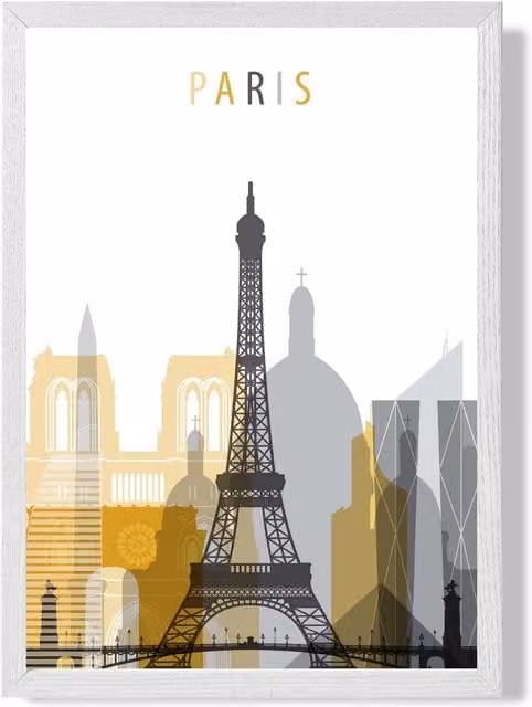 ARTZE Paris Yellow and Grey City Skyline Framed Paper Poster with White Frame, A3