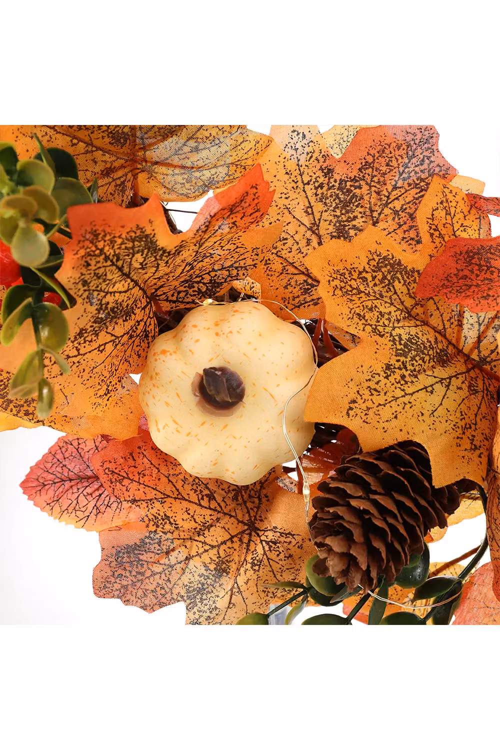 Living and Home 45cm Pre-Lit Autumn Wreath with White Pumpkin, Ginkgo and Maple Leaves in Orange, White, Red and Green – 2