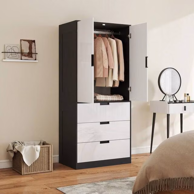 EONLION Modern Glossy Clothes Storage Cupboard in White and Black with Hanging Rod and Integrated Drawers, Width: 100 cm – 1