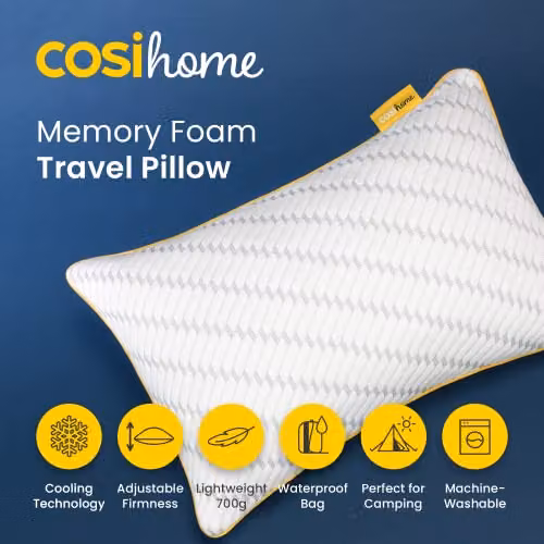 Cosi Home Memory Foam Travel Pillow with Cooling Bamboo Case, White, W/D/H: 45 x 30 x 30 cm – 5