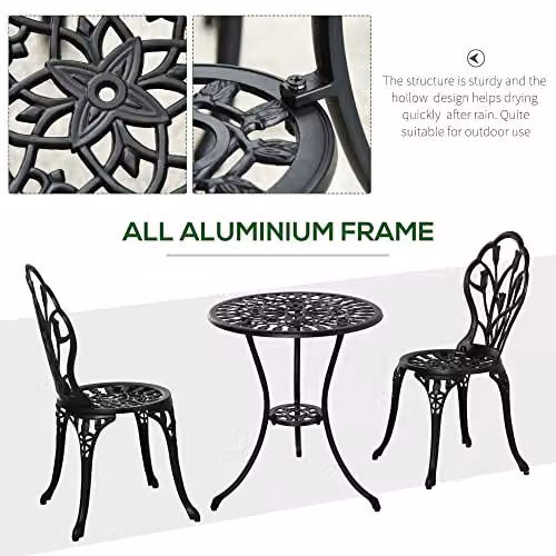 Outsunny 3 Piece Retro Patio Bistro Set for 2 in Black Powder Coated Aluminium – 4
