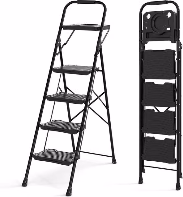 Gymax 4-Step Folding Metal Step Ladder with Tool Tray and Rubber Feet, Black – 1