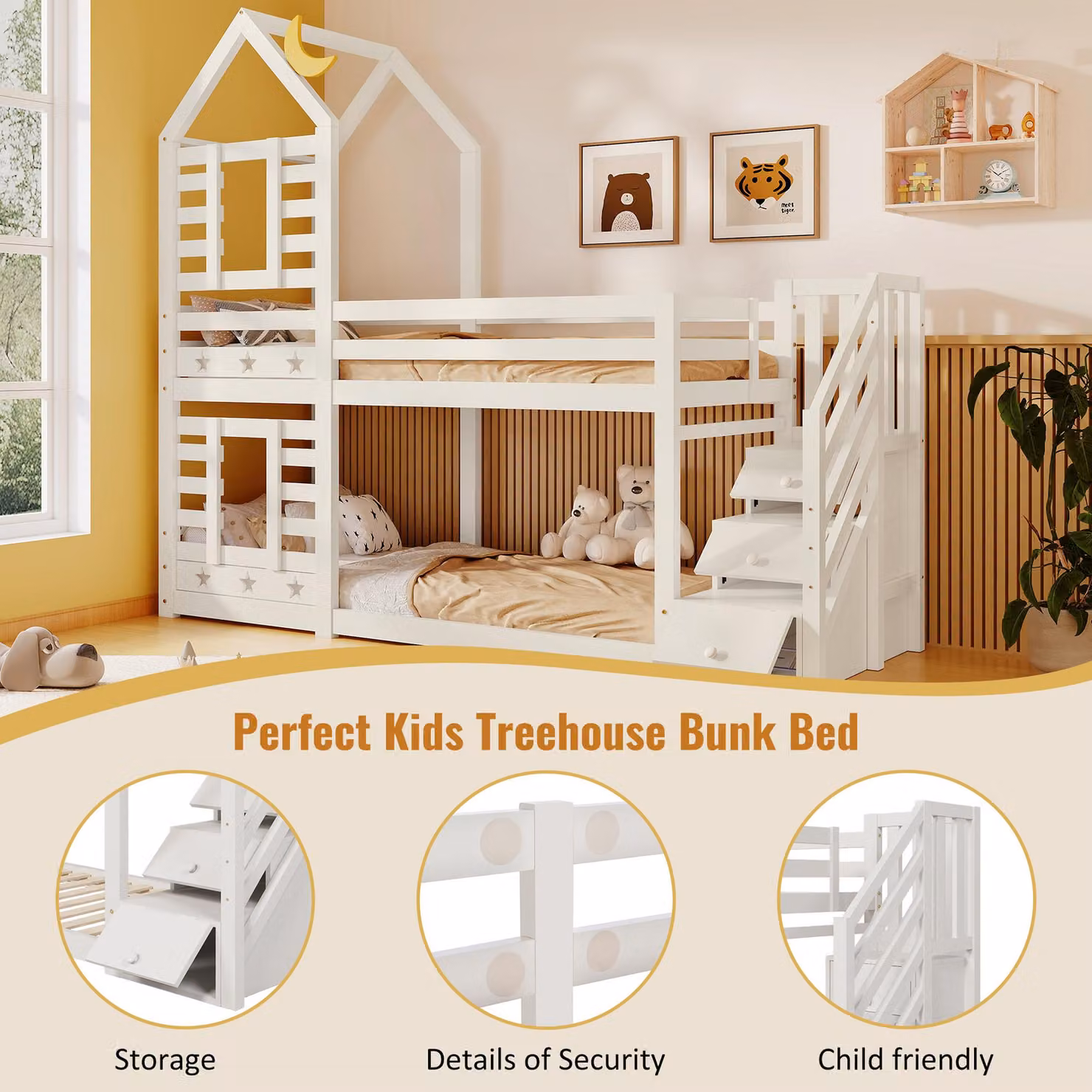 Aosom UK White Cabin-Style Bunk Bed with Staircase Storage and Under-Bed Drawers, Solid Pine Wood Frame, W/D/H: 97 x 235 x 217 cm – 3