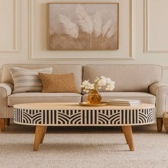 Artisan Furniture Edessa Oval Mango Wood Coffee Table with Bone Inlay in Brown and Multicolour