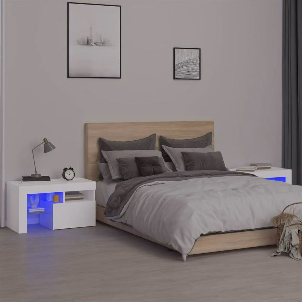 Berkfield Home Set of 2 White Glossy Bedside Cabinets with Integrated LED Lights, W/D/H: 70 x 36.5 x 40 cm – 2