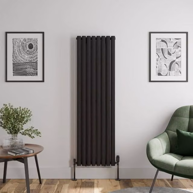 Temprazo Oval Tube Double Panel Vertical Designer Radiator, Black, H 160 cm x W 48 cm