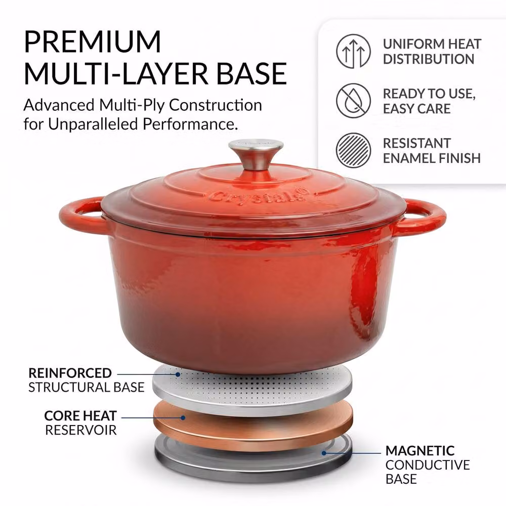 Crystals Enamelled Cast Iron Casserole Dish with Lid, Red, 6.6 l – 2