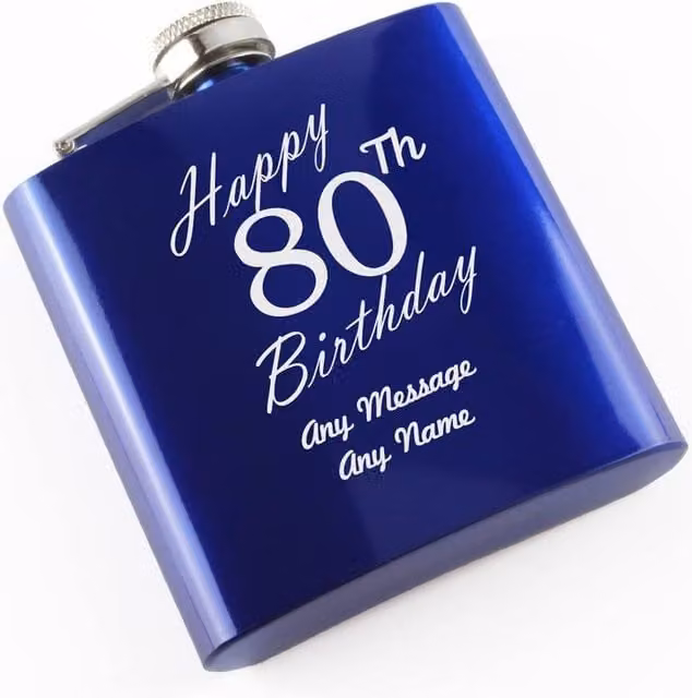 Uniqueful Men's Personalised Happy 80th Birthday Engraved Blue Stainless Steel Hip Flask, 6oz