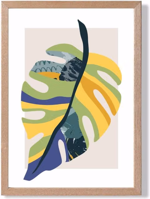 ARTZE Tropical Monstera Mid Century Modern Framed Botanical Print in Teal, Green and Purple with Oak Wood Frame, A3