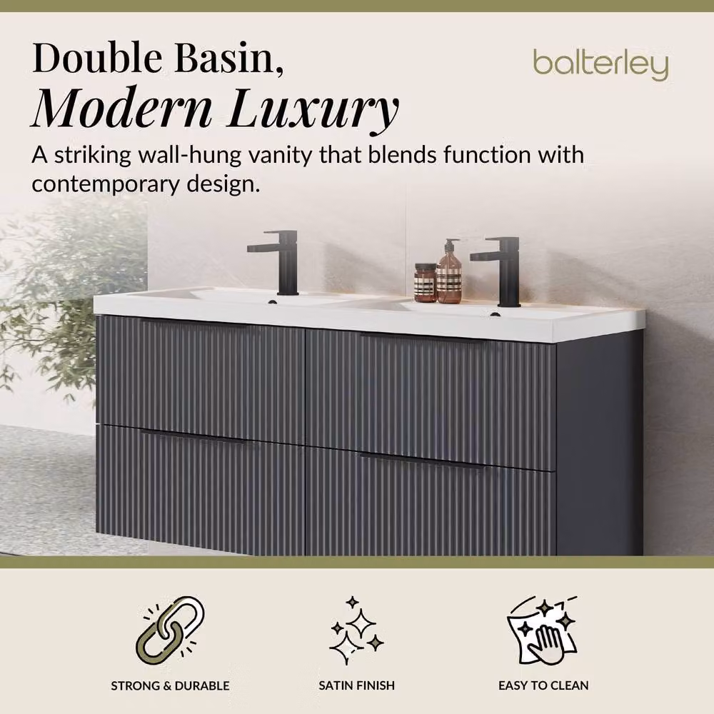 Balterley Fluted Front Wall Hung 4 Drawer Vanity Basin Unit, Dark Grey, W: 120 cm – 2