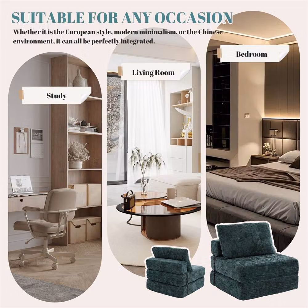 Direct Wicker Emerald Green Chenille Tufted Folding Sofa Bed with Pillow and Back Support – 3