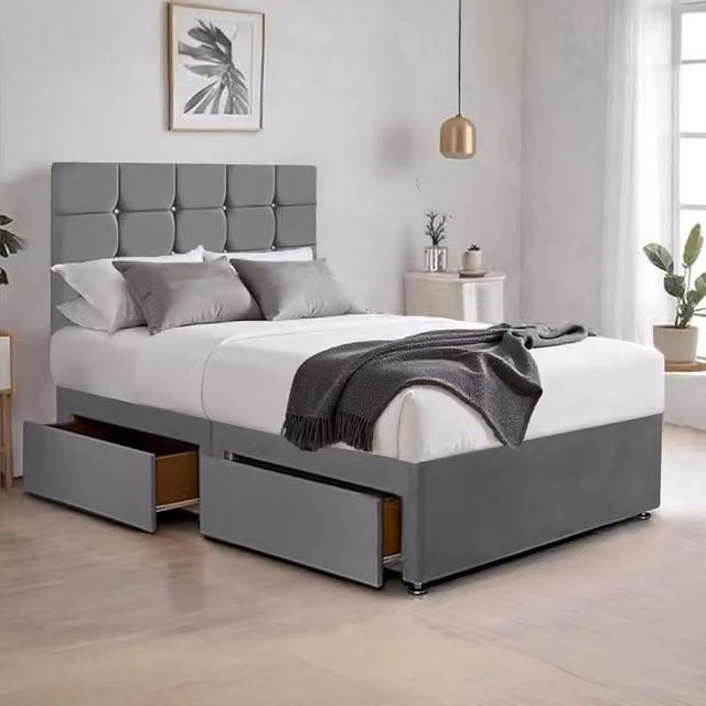 Bed Time UK Plush Grey Upholstered Double Divan Bed with 2 Drawers, 20" Cubic Headboard and Hybrid Mattress, W/D/H: 140 x 200 cm