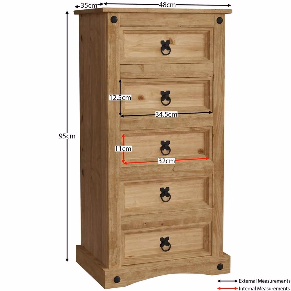 PAWNORA Rustic 5 Drawer Narrow Chest in Natural Wood and Metal – 2