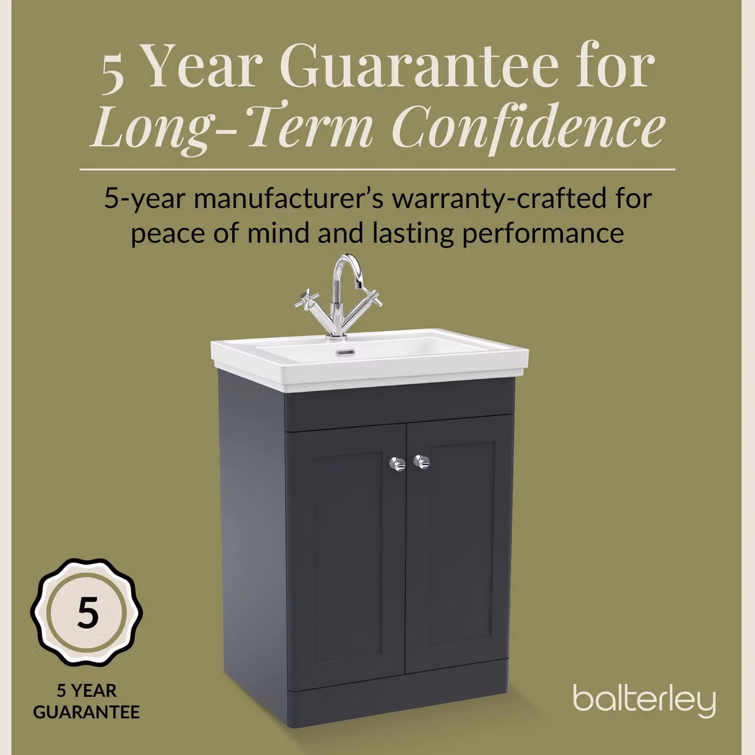 Balterley 2-Door Freestanding Bathroom Floor Vanity Unit with Fireclay Basin in Matt Dark Grey, W: 60 cm, H: 86.5 cm – 4