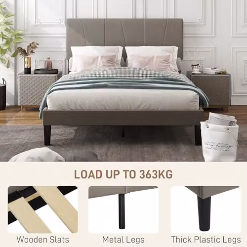 HOMCOM Grey Velvet Upholstered Double Bed Frame with 5-Level Adjustable Headboard, W/D/H: 140 x 200 x 145 cm – 4
