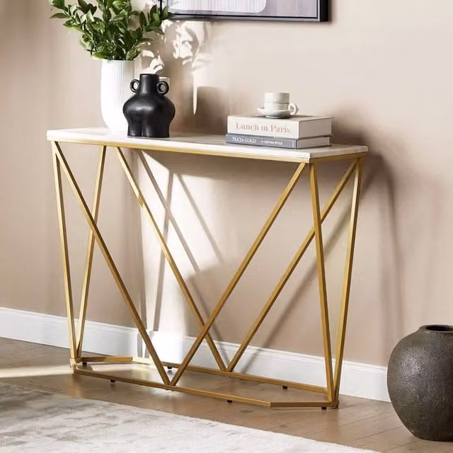 Wyld and Coco Console Table with White Marble Effect Top and Gold Powder Coat, W: 100 cm, D: 30 cm, H: 75 cm – 1