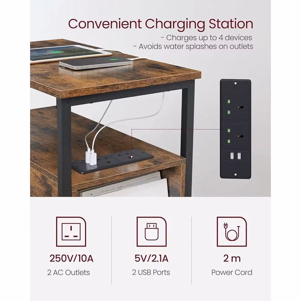 FORGEVIO Slim Narrow End Table with 2 Drawers and Built-In Charging Station in Brown and Multicolour – 2