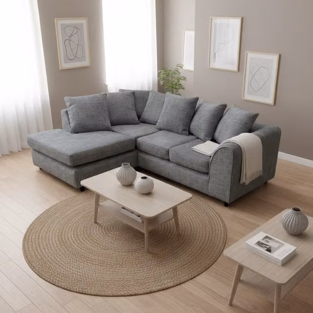 Abakus Direct Jumbo Left-Hand Corner Sofa in Dark Grey Soft Chenille with Plush Chaise Extension and Scatter Cushions