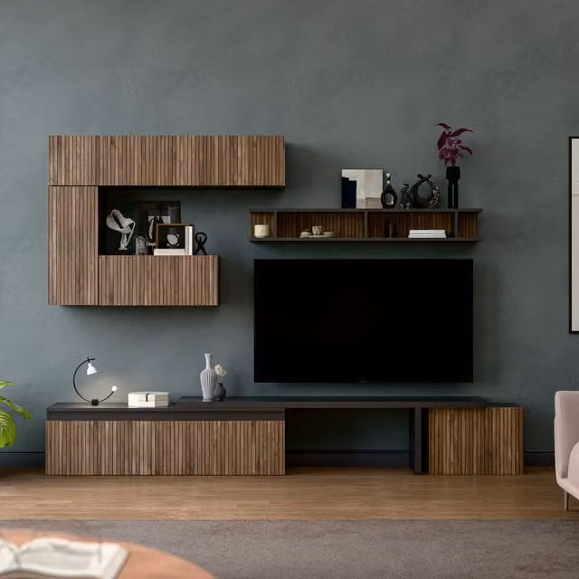 Decorotika Chamonix Wall Mounted Entertainment Center in Black and Alina Pattern with Glossy Geometric Design