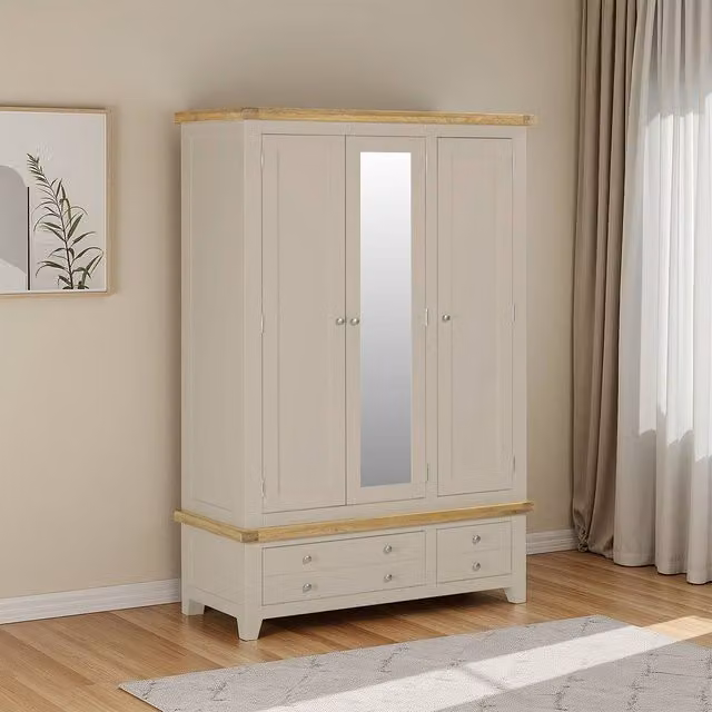 Seconique Windsor 3 Door 2 Drawer Wardrobe in Beige and Oak with Mirror and Hanging Rod – 1