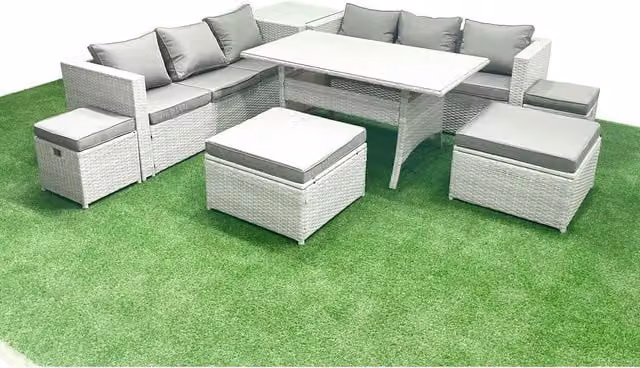 Fimous 10-Seater Rattan Garden Furniture Set with Tempered Glass Dining Table in Grey