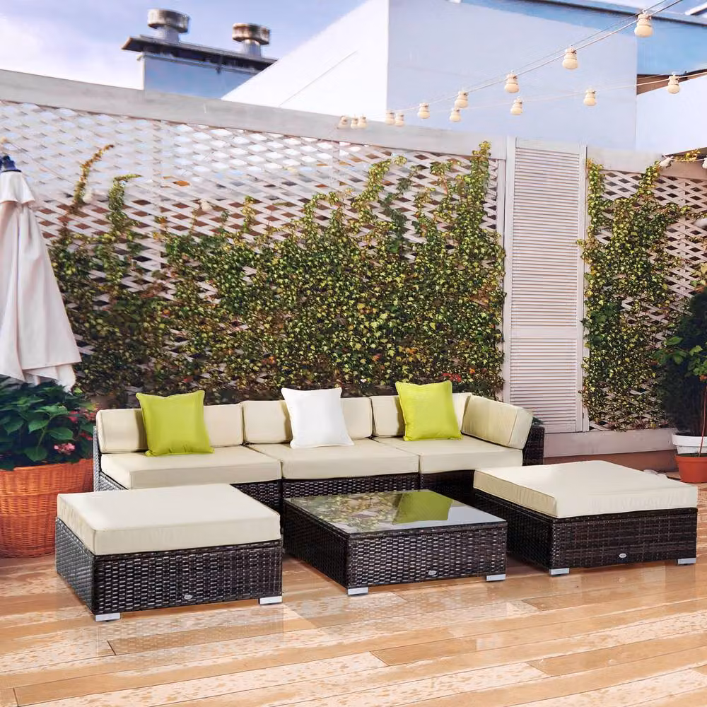 ERGOVEXA 6 Piece Rattan Garden Furniture Set with Upholstered Cushions in Brown, Beige, Green and White – 3