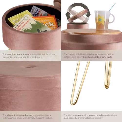 tectake Ava Round Velvet Stool with Storage Compartment in Pink and Gold, W/D/H: 37.5 x 44.5 x 37.5 cm – 5
