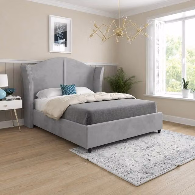 Casani Tirley Curved Winged Upholstered Designer Bed Frame in Grey Soft Velvet, Size: Single (W/D/H: 90 x 200 x 137 cm)