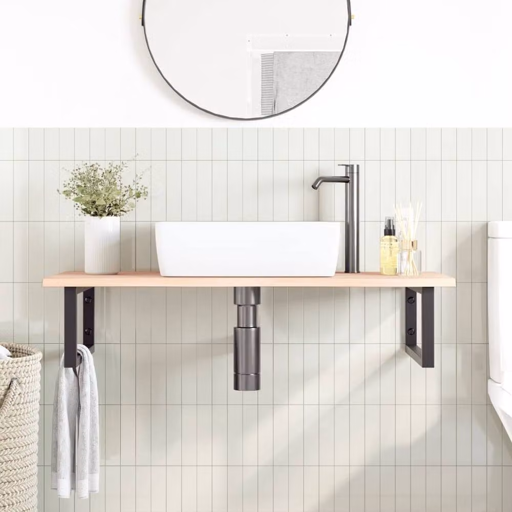 Berkfield Home Wall Mounted Basin Shelf in Natural Oak and Steel – 2