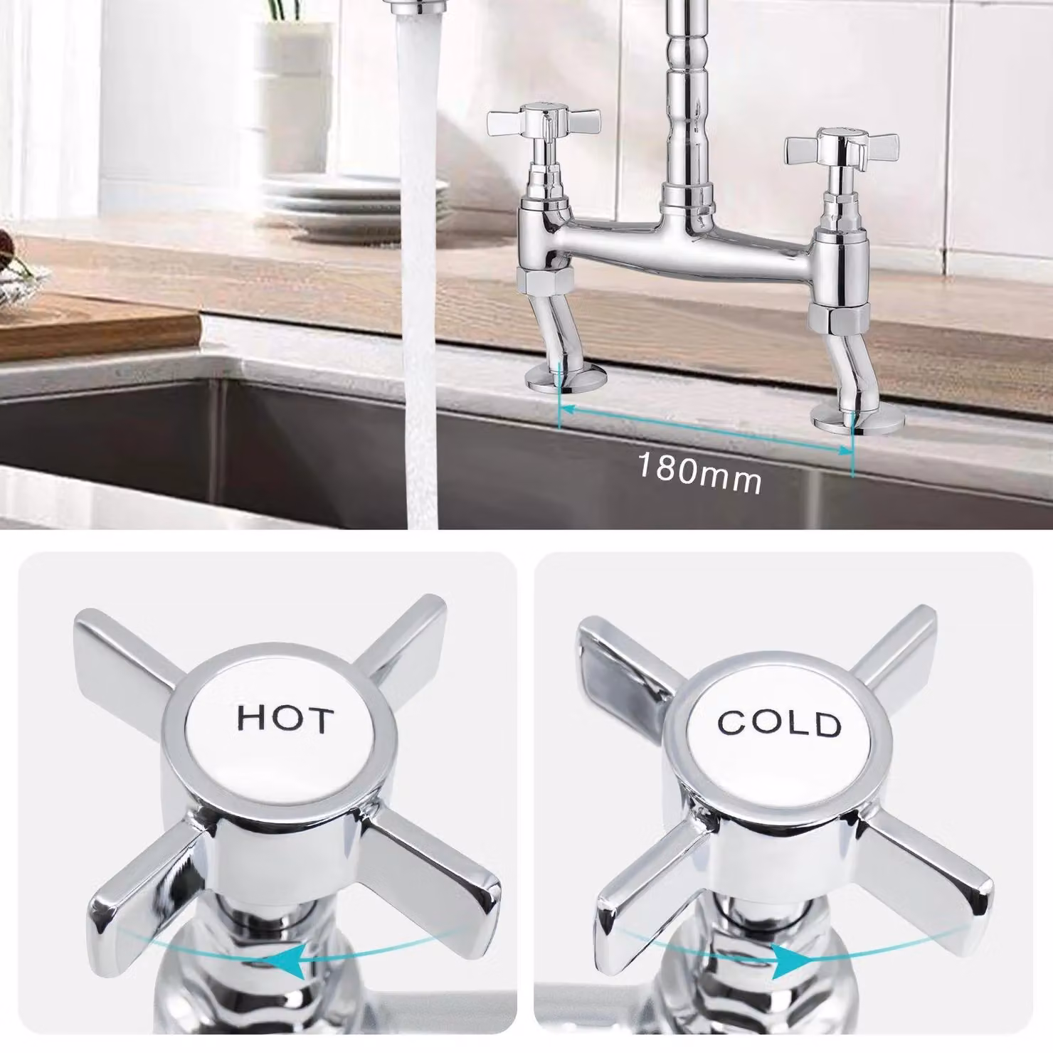JASSFERRY Classic Bridge Mixer Tap with Two Crosshead Handles in Silver Chrome – 2