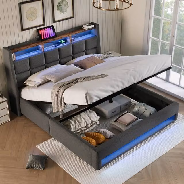 Merax Vintage Grey Upholstered Storage Bed with LED Headboard, USB Charging Ports and Lift-Up Base, W/D/H: 180 x 200 cm