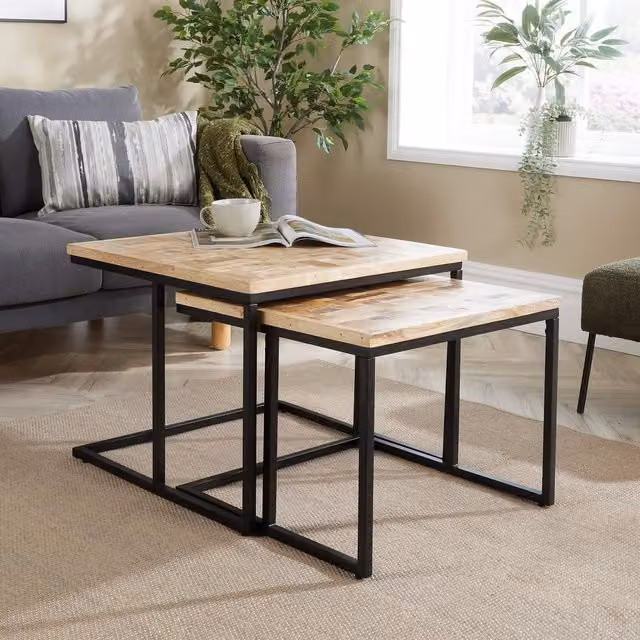 Home Source Nest of 2 Square Tables with Solid Mango Wood Tops and Iron Frames in Light Brown – 1