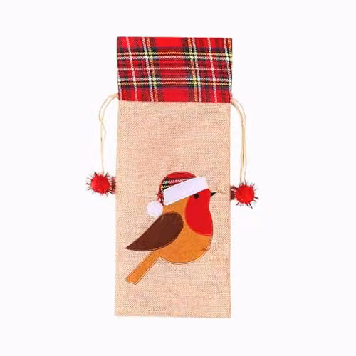 Shatchi Reindeer Printed Burlap Wine Bottle Cover Bag in Brown and Beige – 1