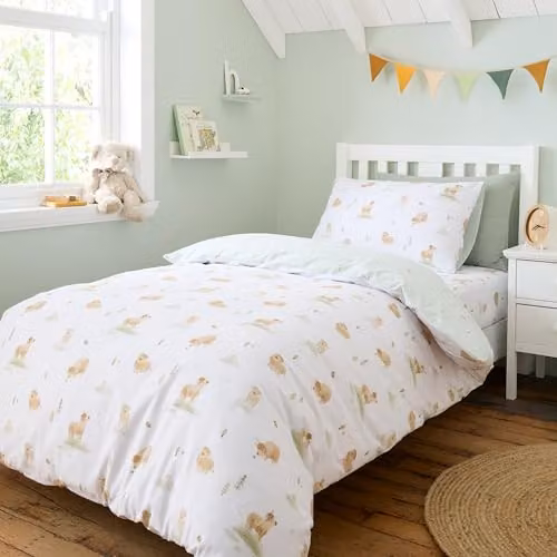 Bianca Mini Moo Cow Reversible Cotton Junior Duvet Cover and Pillowcase Set in White and Green, Pillowcase: 40 x 60 cm – 1