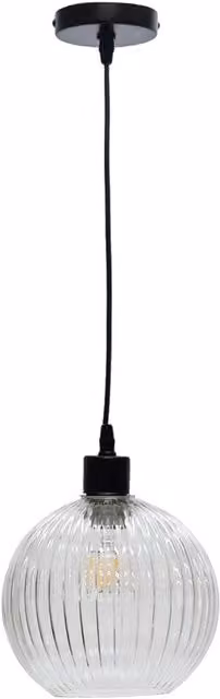 First Choice Lighting Betchley Modern Suspended Pendant Light with Transparent Ribbed Glass Sphere and Black Fitting – 1