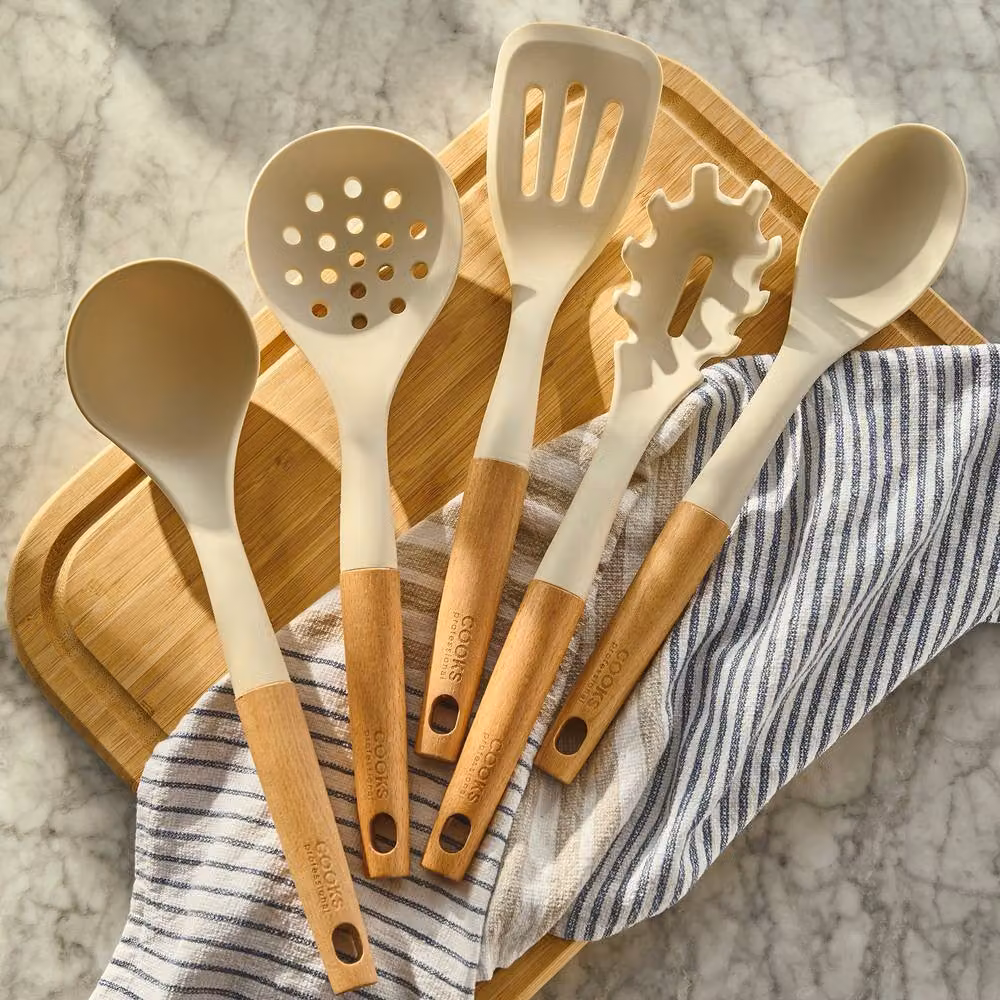 Cooks Professional 5 Piece Silicone and Wood Utensil Set in White, Heat-Resistant and Non-Scratch Kitchen Tools – 2