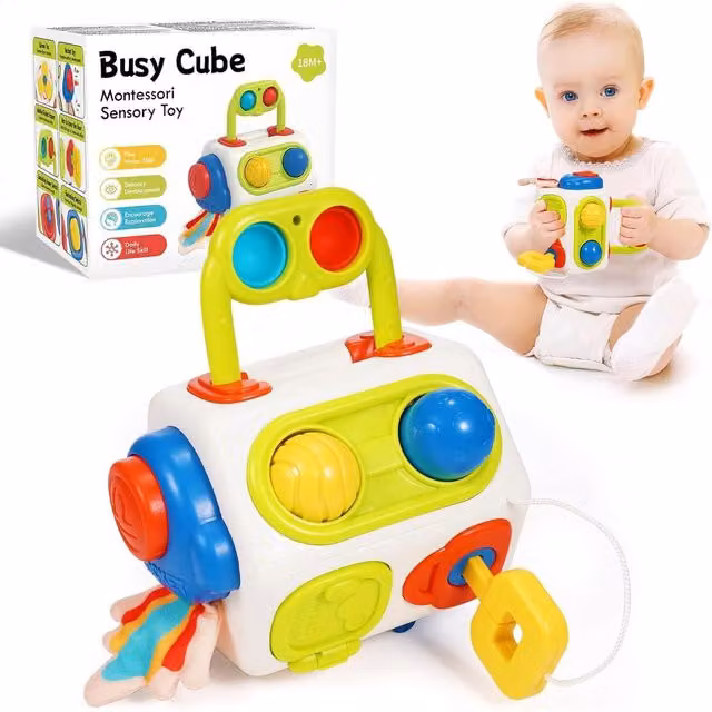 Dyzi Multicolour Montessori Busy Cube Travel Edition BPA-Free Motor and Cognitive Activity Toy