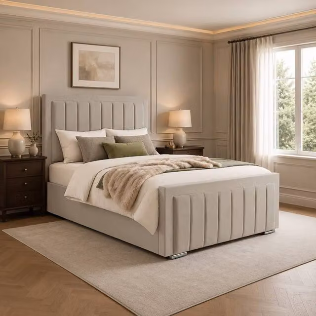 Desire Deco Lucia Upholstered Panel Bed Frame in Light Beige Plush Velvet, Size: 140 x 200 cm