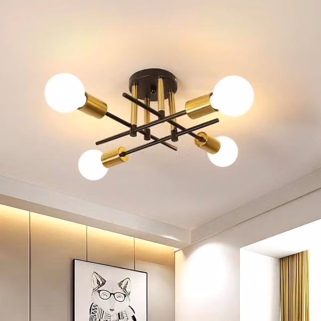 Goeco Industrial 4-Light Ceiling Chandelier in Black and Gold/Brass with E27 Fittings – 1