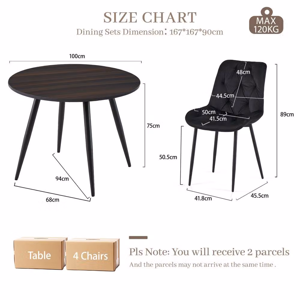 SONARA Modern Round Walnut Dining Table with 4 Black Velvet Chairs Set – 2