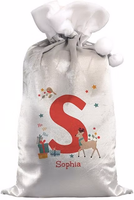 Personalised Memento Company Personalised Initial Reindeer Christmas Sack in Grey