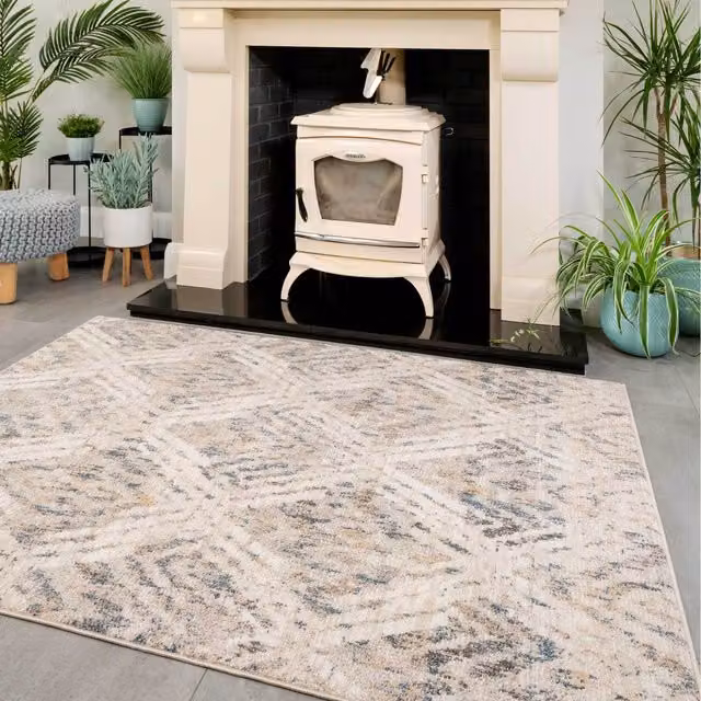 The Rug House Beige and Blue Distressed Diamond Geometric Living Area Rug, W: 290 cm, D: 200 cm