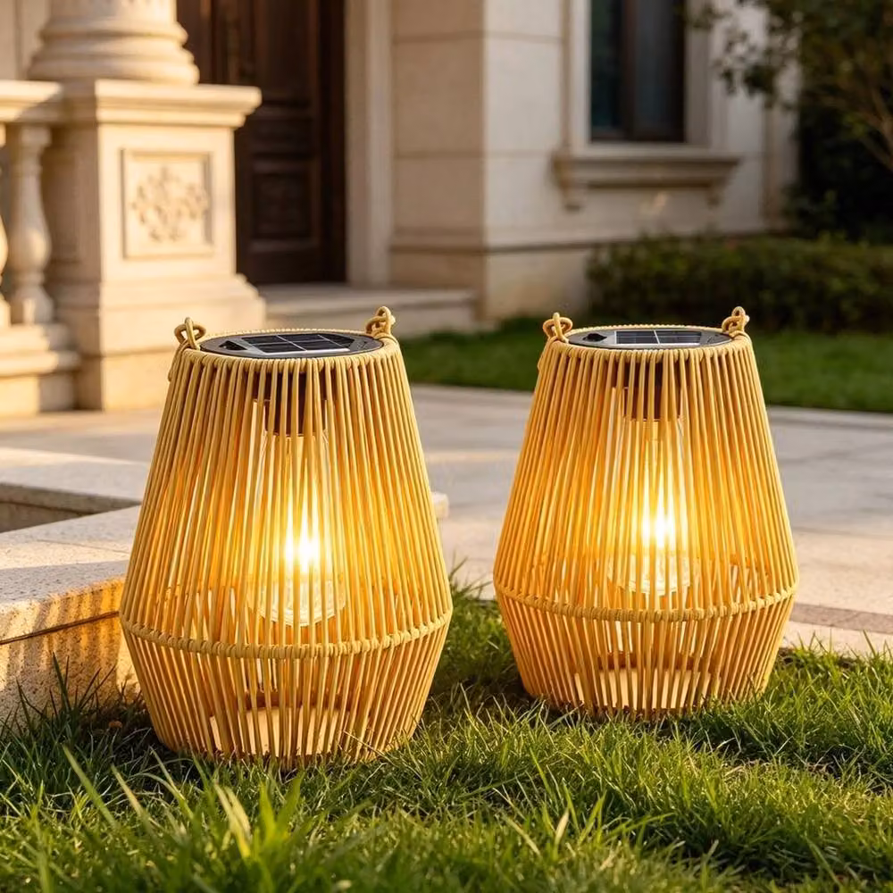 Nordara Set of 2 Solar Rattan Hanging LED Lanterns in Brown with Warm White Light and Dusk Sensor, IP44 Rated – 4